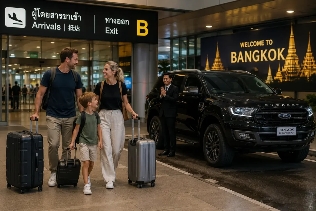Illustration of travellers with luggage beside a private vehicle in Thailand