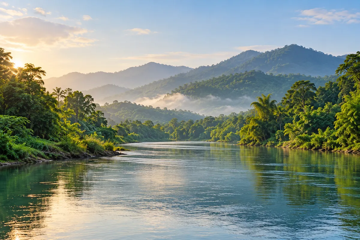 Illustration of a river and green hills inspired by Kanchanaburi