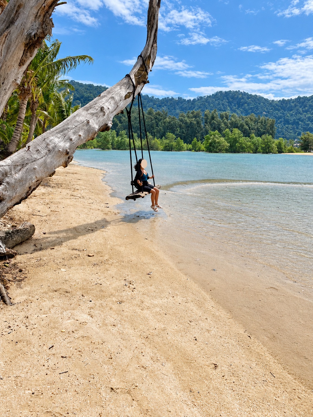 Person on a beach swing with face covered