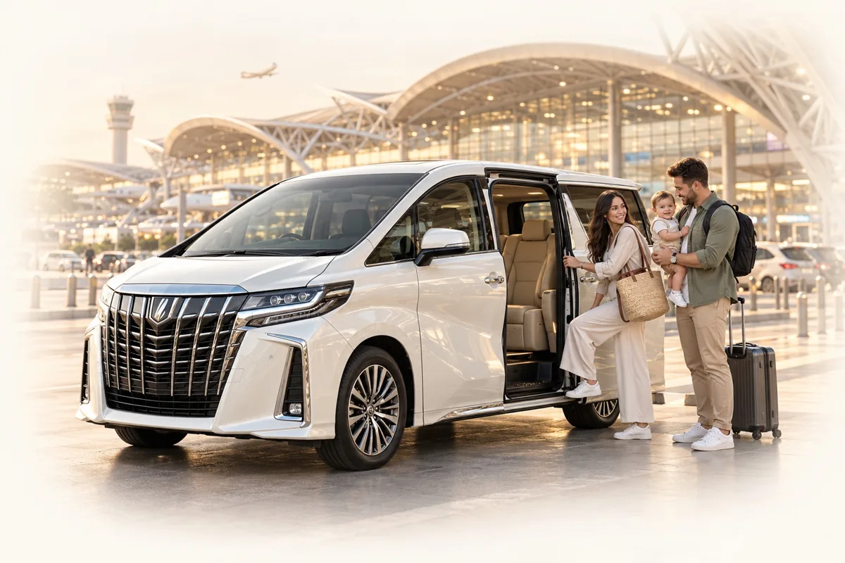 Bangkok airport transfer with an Alphard and a family at Suvarnabhumi Airport
